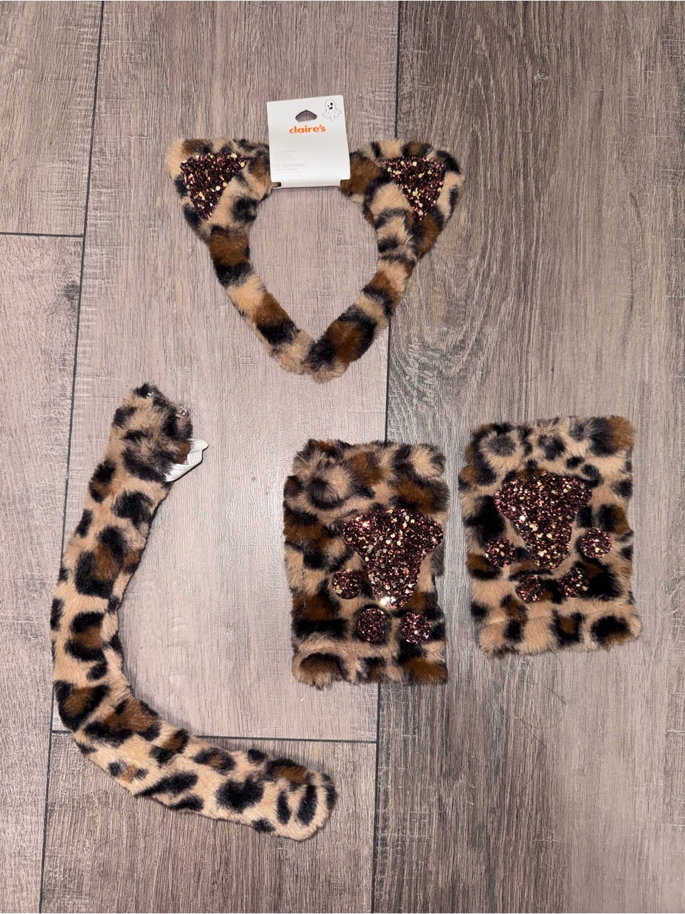 Claire's Leopard Print Fuzzy Cat Ear Headband & Costume Accessories Set - Brown